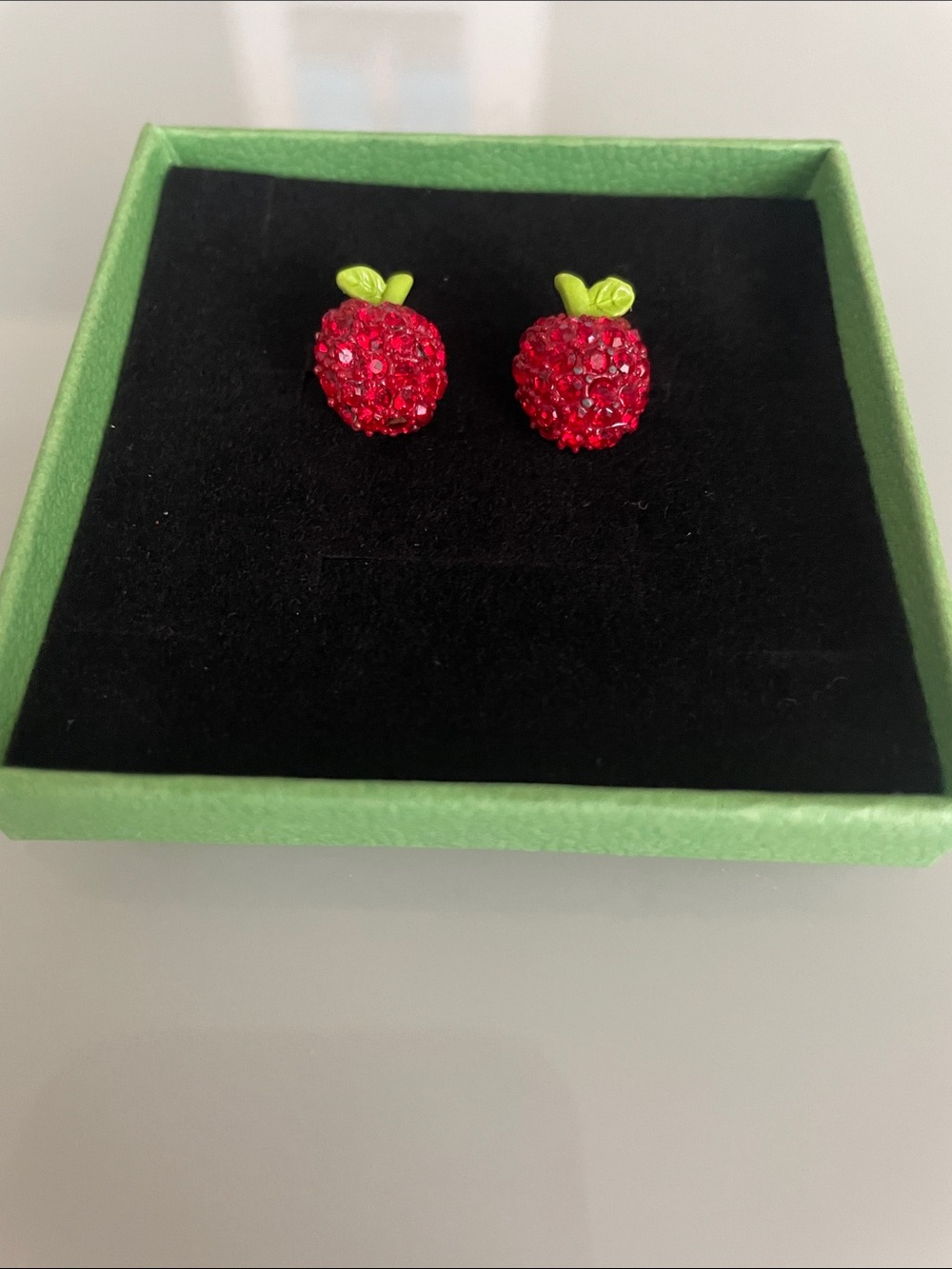 Betsey Johnson Red Crystal Apple Stud Earrings with Green Leaves